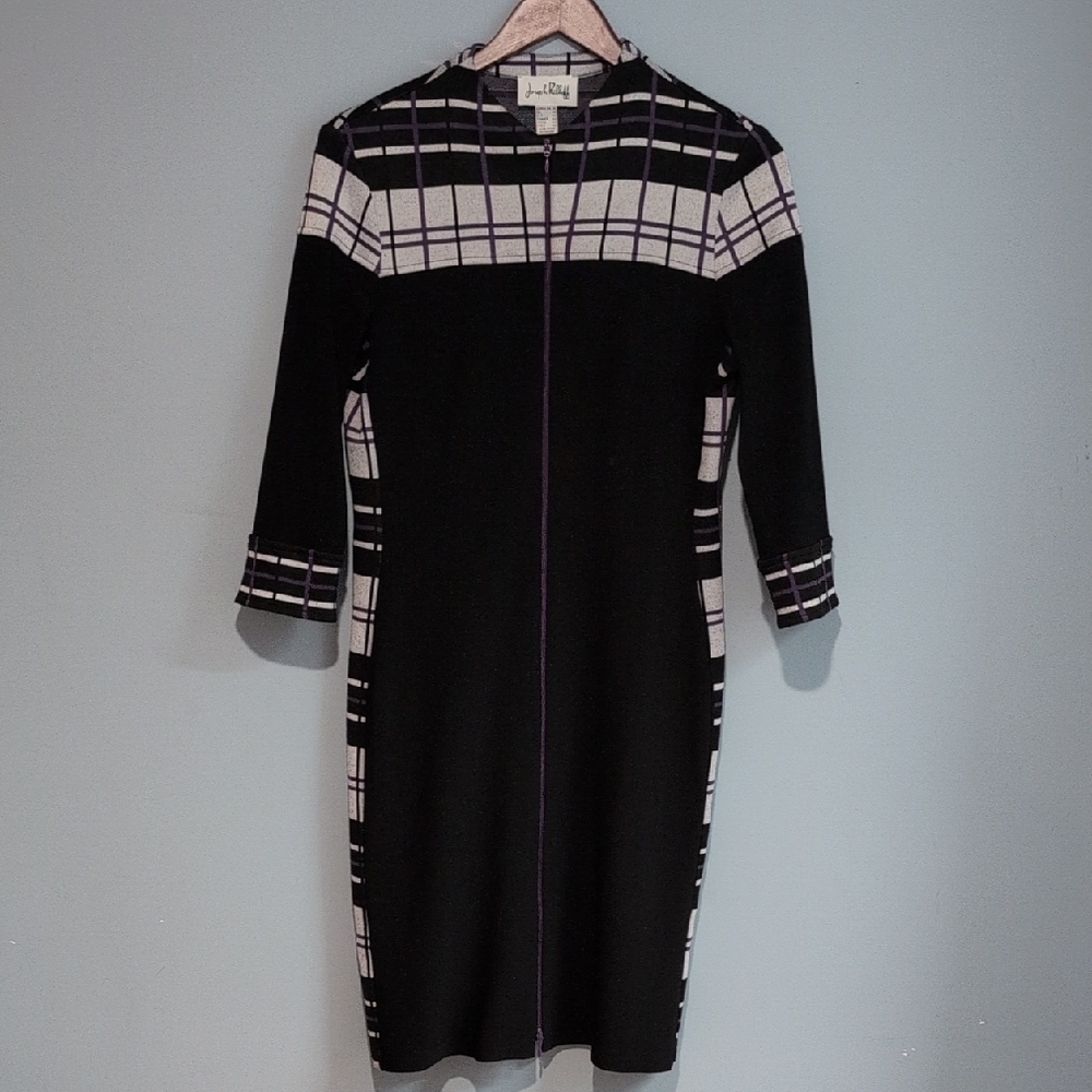 Joseph Ribkoff Purple,Black and White Plaid 3/4  Sleeve Dress Size 12